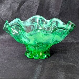 Vintage green glass ruffle pedestal bowl - unbranded